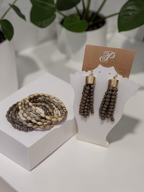 Plunder Bead Tassel Earrings and Bracelet Set - Taupe & Beige